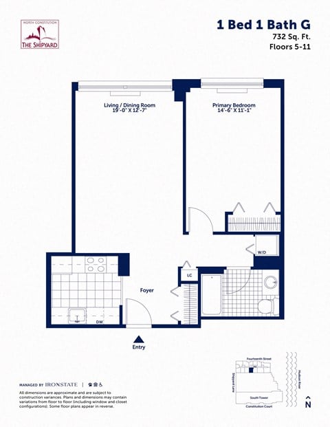 Floor plan for 1 bed, 1 bath, 732 sqft